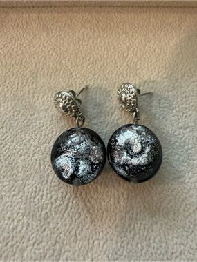 Silver Black Glitter Disc Drop Earrings